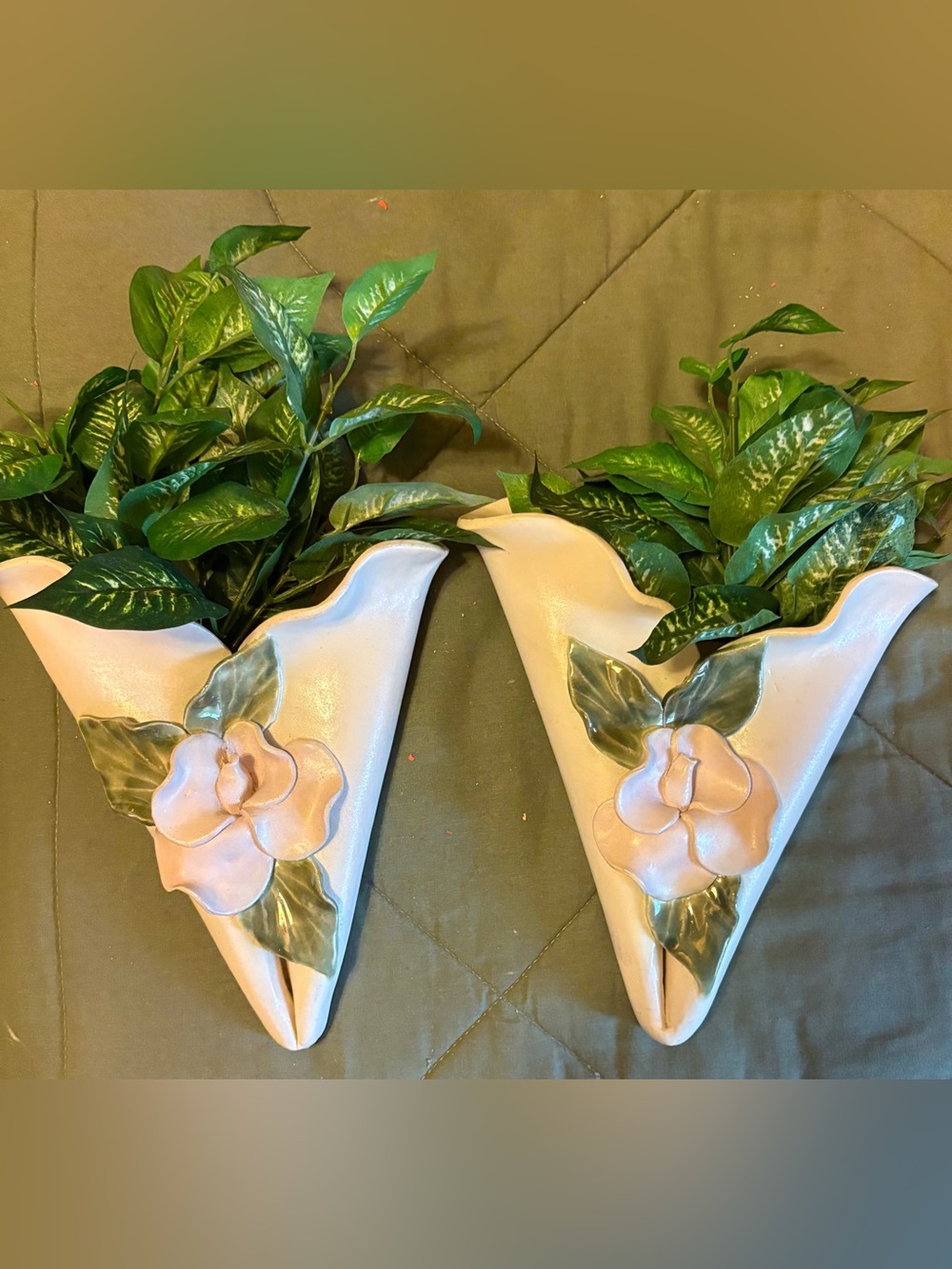 Ceramic Wall Pocket Planter Pair with Pink Flower Accent
